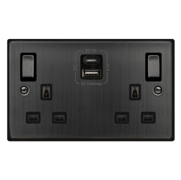 VPBZ586BK Decorative Double Ingot Switched Socket with Dual USB Slots (4.2A) A+C with Black Inserts  in Black Nickel