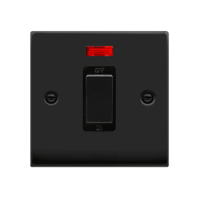 Click Switches and Sockets VPMB501BK Decorative 45A 1G Ingot DP Switch with Neon with Black Insert in Matt Black