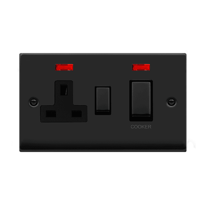 Click Switches and Sockets VPMB505BK Decorative 45A Ingot DP Cooker Switch with Neon and 13A Switched Socket with Black Insert in Matt Black