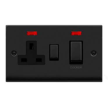 VPMB505BK Decorative 45A Ingot DP Cooker Switch with Neon and 13A Switched Socket with Black Insert in Matt Black