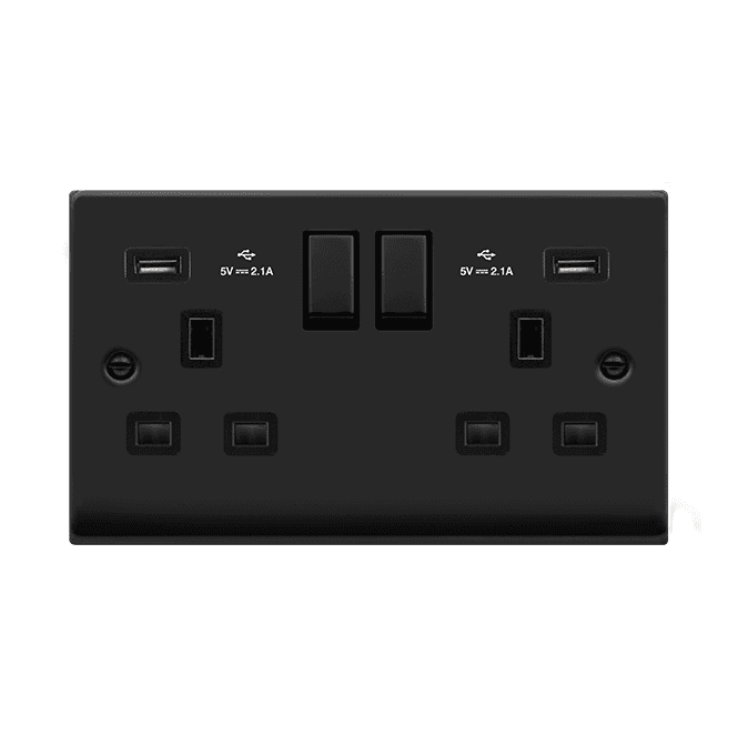Click Switches and Sockets VPMB580BK Decorative Double Ingot Switched Socket with Dual USB Slots (4.2A) with Black Inserts in Matt Black
