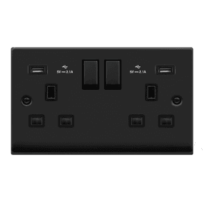 VPMB580BK Decorative Double Ingot Switched Socket with Dual USB Slots (4.2A) with Black Inserts in Matt Black