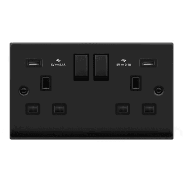 VPMB580BK Decorative Double Ingot Switched Socket with Dual USB Slots (4.2A) with Black Inserts in Matt Black