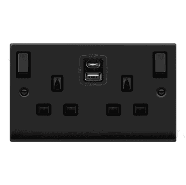 VPMB586BK Decorative Double Ingot Switched Socket with Dual USB SLOTS (4.2A) A+C with Black Inserts in Matt Black