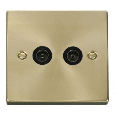 VPSB066BK Decorative Twin Coaxial Outlet with Black Insert in Satin Brass