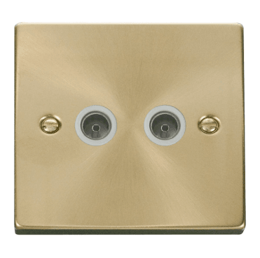 VPSB066WH Decorative Twin Coaxial Outlet with White Insert in Satin Brass