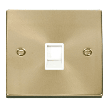VPSB115WH Decorative Single RJ11 Outlet with White Insert in Satin Brass