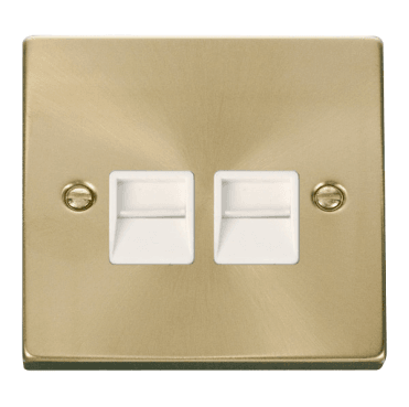 VPSB126WH Decorative Twin Telephone Secondary Outlet with White Insert in Satin Brass