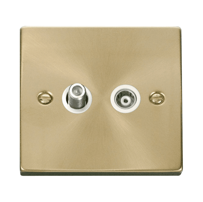 Click Switches and Sockets VPSB157WH Decorative Isolated Satellite and Isolated Coaxial Outlet with White Insert in Satin Brass