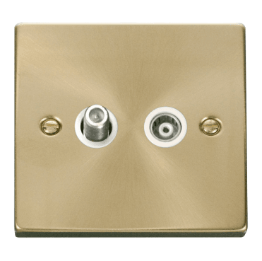 VPSB157WH Decorative Isolated Satellite and Isolated Coaxial Outlet with White Insert in Satin Brass