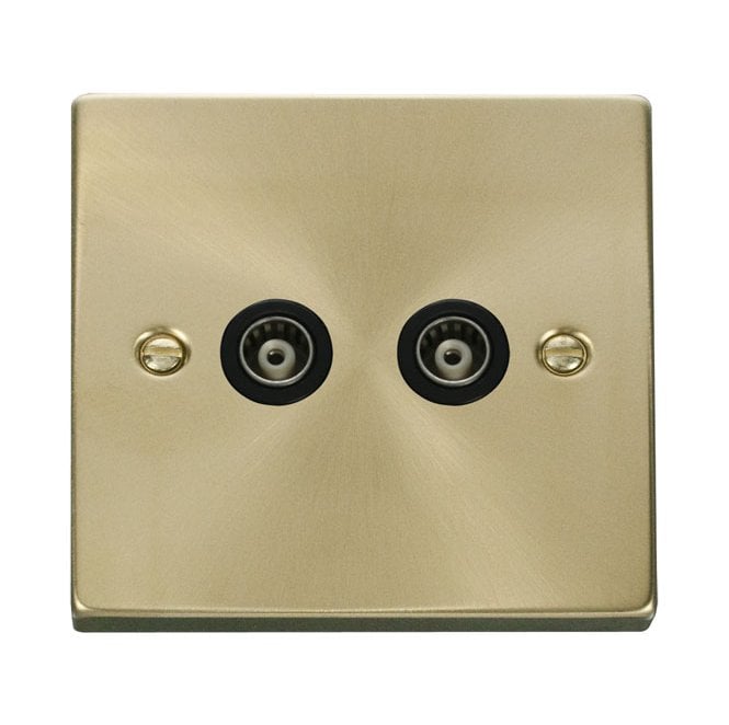 Click Switches and Sockets VPSB159BK Decorative Twin Isolated Coaxial Outlet with Black Insert in Satin Brass