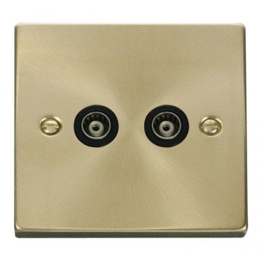 VPSB159BK Decorative Twin Isolated Coaxial Outlet with Black Insert in Satin Brass