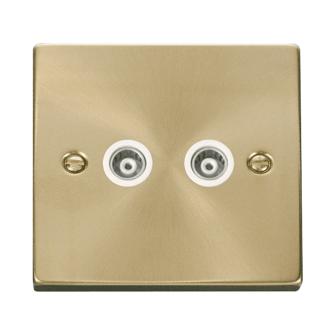 Click Switches and Sockets VPSB159WH Decorative Twin Isolated Coaxial Outlet with White Insert in Satin Brass