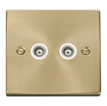 VPSB159WH Decorative Twin Isolated Coaxial Outlet with White Insert in Satin Brass