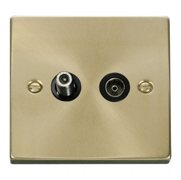 VPSB170BK Decorative Non Isolated Satellite and Non Isolated Coaxial Outlet with Black Insert in Satin Brass