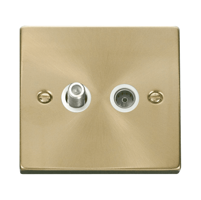Click Switches and Sockets VPSB170WH Decorative Non Isolated Satellite and Non Isolated Coaxial Outlet with White Insert in Satin Brass