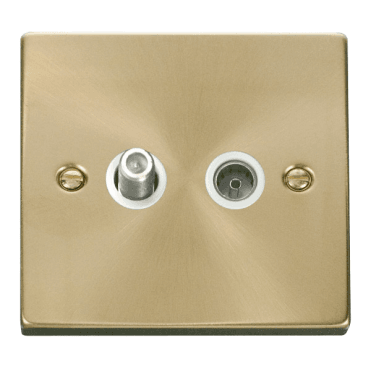 VPSB170WH Decorative Non Isolated Satellite and Non Isolated Coaxial Outlet with White Insert in Satin Brass