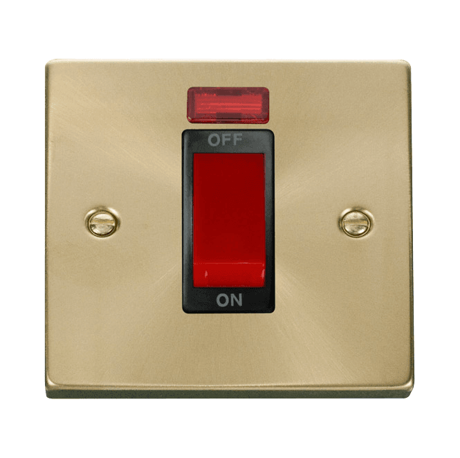 Click Switches and Sockets VPSB201BK Decorative 45A 1G DP Switch with Neon with Black Insert in Satin Brass