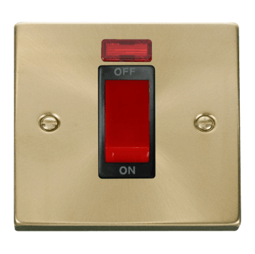 VPSB201BK Decorative 45A 1G DP Switch with Neon with Black Insert in Satin Brass