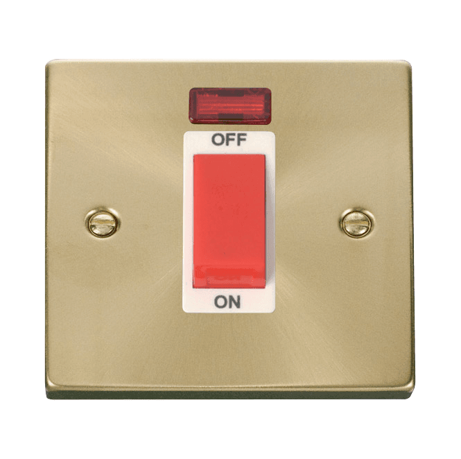 Click Switches and Sockets VPSB201WH Decorative 45A 1G DP Switch with Neon with White Insert in Satin Brass