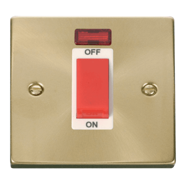 VPSB201WH Decorative 45A 1G DP Switch with Neon with White Insert in Satin Brass