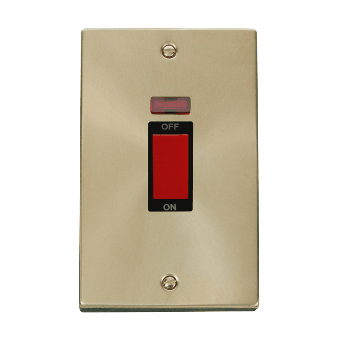 Click Switches and Sockets VPSB203BK Decorative 45A 2G DP Switch with Neon with Black Insert in Satin Brass