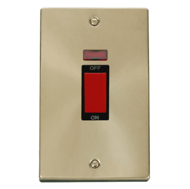 VPSB203BK Decorative 45A 2G DP Switch with Neon with Black Insert in Satin Brass