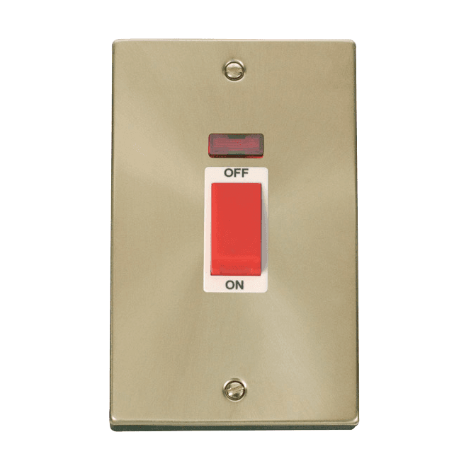 Click Switches and Sockets VPSB203WH Decorative 45A 2G DP Switch with Neon with White Insert in Satin Brass