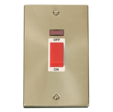 VPSB203WH Decorative 45A 2G DP Switch with Neon with White Insert in Satin Brass