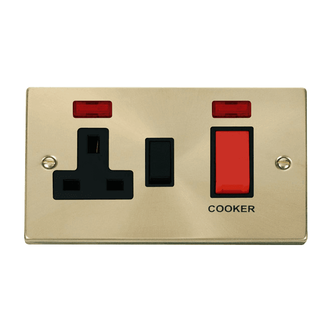 Click Switches and Sockets VPSB205BK Decorative 45A DP Cooker Switch with Neon with Black Insert in Satin Brass