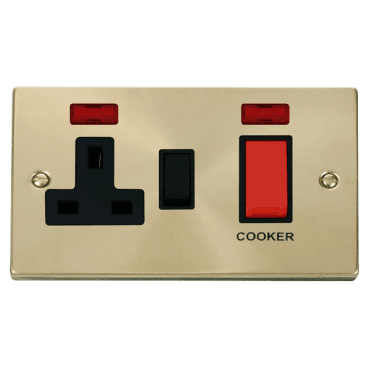 VPSB205BK Decorative 45A DP Cooker Switch with Neon with Black Insert in Satin Brass