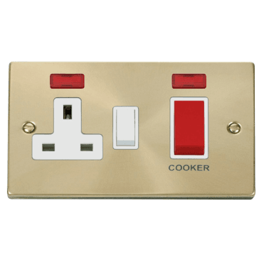 VPSB205WH Decorative 45A DP Cooker Switch with Neon with White Insert in Satin Brass