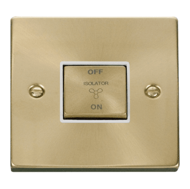 VPSB520WH Decorative 3 Pole Ingot Fan Isolator Switch with White Insert in Satin Brass