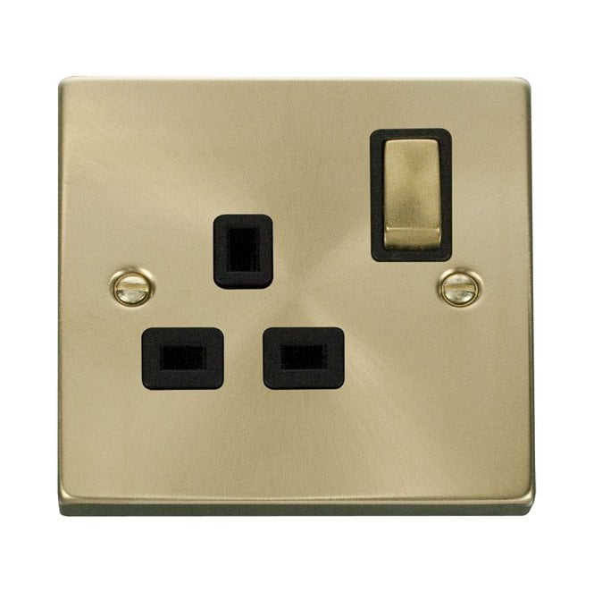 Click Switches and Sockets VPSB535BK Decorative Single Ingot Switched Socket with Black Insert in Satin Brass