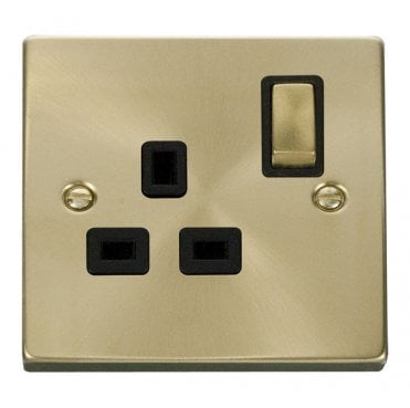 VPSB535BK Decorative Single Ingot Switched Socket with Black Insert in Satin Brass