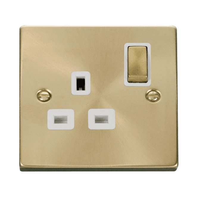 Click Switches and Sockets VPSB535WH Decorative Single Ingot Switched Socket with White Insert in Satin Brass