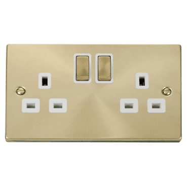 VPSB536WH Decorative Double Ingot Switched Socket with White Insert in Satin Brass