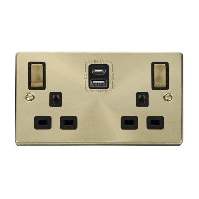 Click Switches and Sockets VPSB586BK Decorative Double Ingot Switched Socket with Dual USB SLOTS (4.2A) A+C with Black Inserts in Satin Brass