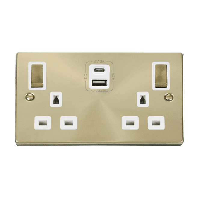 Click Switches and Sockets VPSB586WH Decorative Double Ingot Switched Socket with Dual USB Slots (4.2A) A+C with White Inserts in Satin Brass