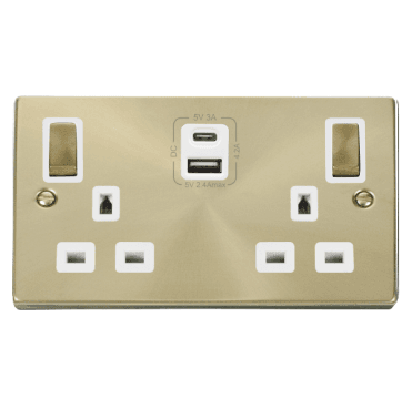 VPSB586WH Decorative Double Ingot Switched Socket with Dual USB Slots (4.2A) A+C with White Inserts in Satin Brass