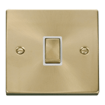 VPSB722WH Decorative 20A 1G Ingot DP Switch with White Inserts in Satin Brass