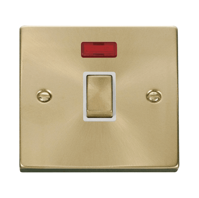 Click Switches and Sockets VPSB723WH Decorative 20A 1G Ingot DP Switch with Neon with White Insert in Satin Brass