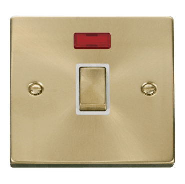 VPSB723WH Decorative 20A 1G Ingot DP Switch with Neon with White Insert in Satin Brass