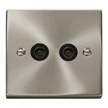 VPSC066BK Decorative Twin Coaxial Outlet with Black Insert in Satin Chrome