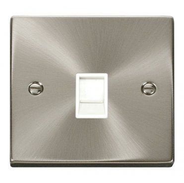 VPSC115WH Decorative Single RJ11 Outlet with White Insert in Satin Chrome
