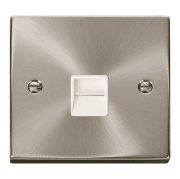 VPSC120WH Decorative Single Telephone Outlet with White Insert in Satin Chrome