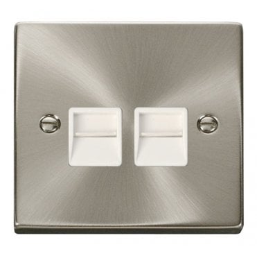 VPSC121WH Decorative Twin Telephone Master Outlet with White Insert in Satin Chrome