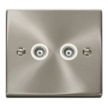 VPSC159WH Decorative Twin Isolated Coaxial Outlet with White Insert in Satin Chrome