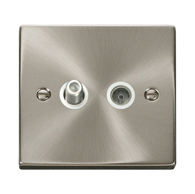 Click Switches and Sockets VPSC170WH Decorative Non Isolated Satellite and Non Isolated Coaxial Outlet with White Insert in Satin Chrome