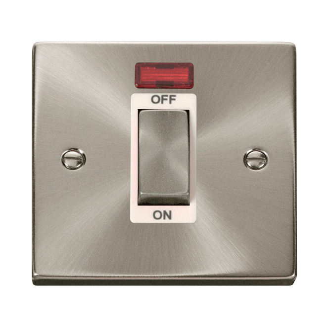 Click Switches and Sockets VPSC501WH Decorative 45A 1G Ingot DP Switch with Neon with White Insert in Satin Chrome